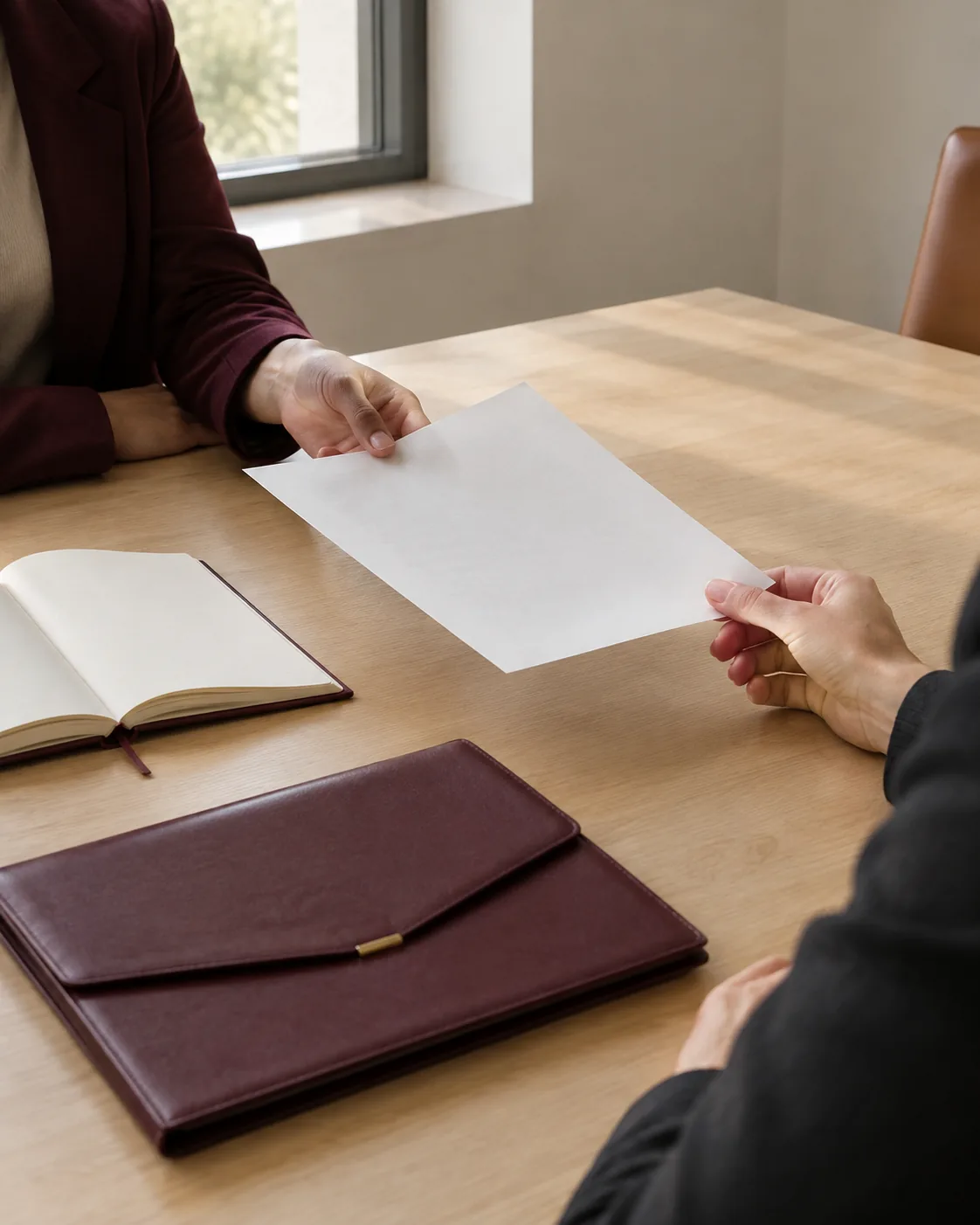 Home Two people at a desk comparing printed vehicle details