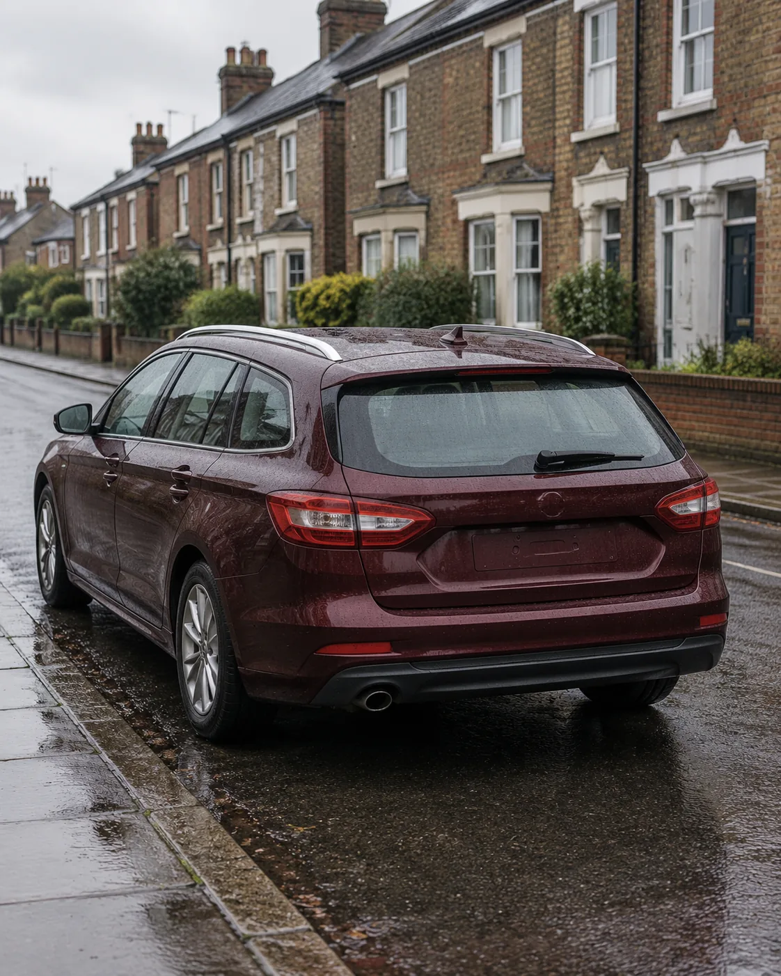 Home A plain used car parked at the kerb of a terraced street