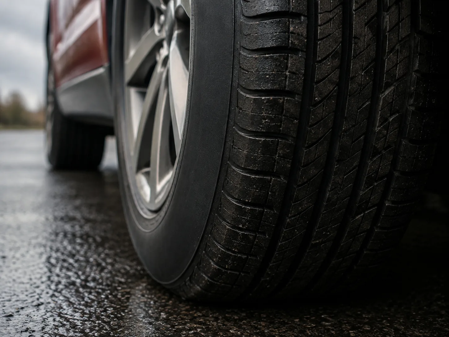 Home Close view of a tyre tread resting on wet tarmac
