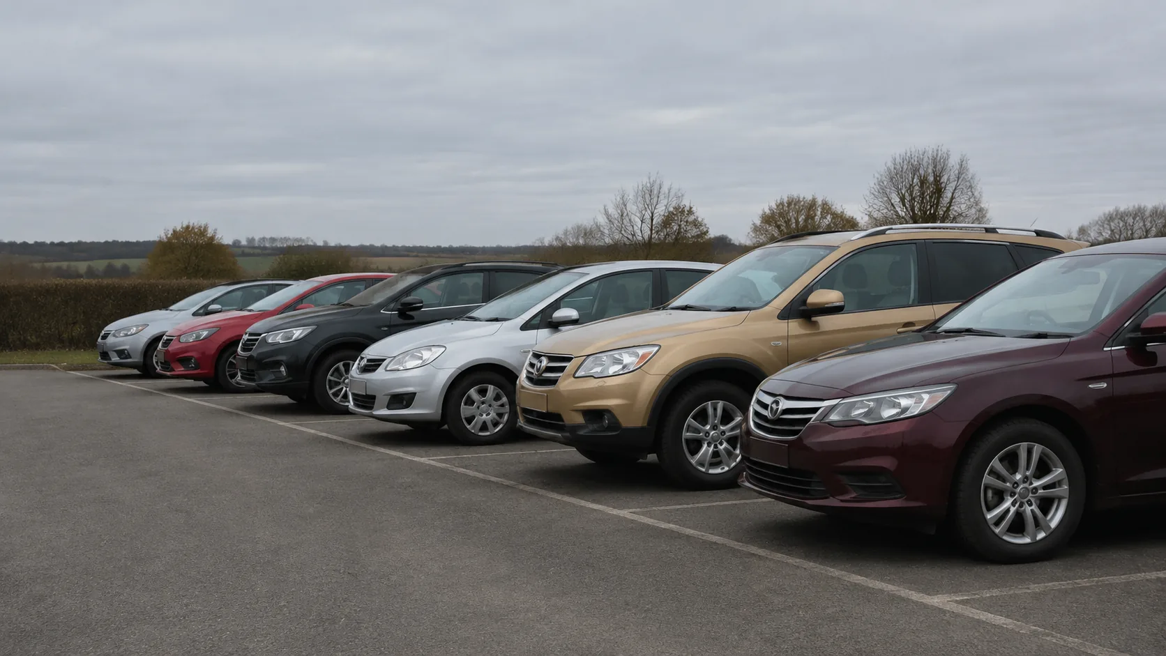 Home A row of everyday used cars parked nose-in on a plain yard