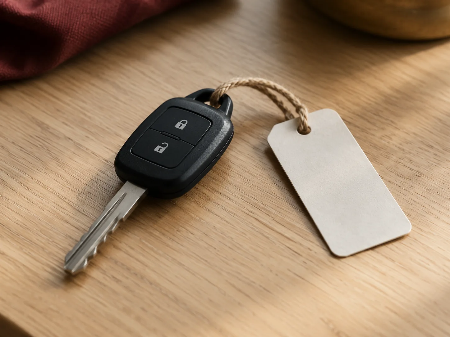 A plain car key with a blank tag on a wooden surface