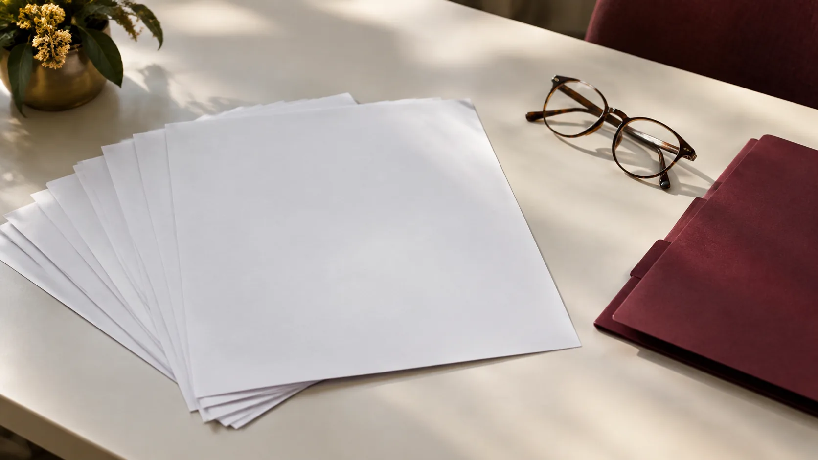 About A desk with loose printed pages and a document folder